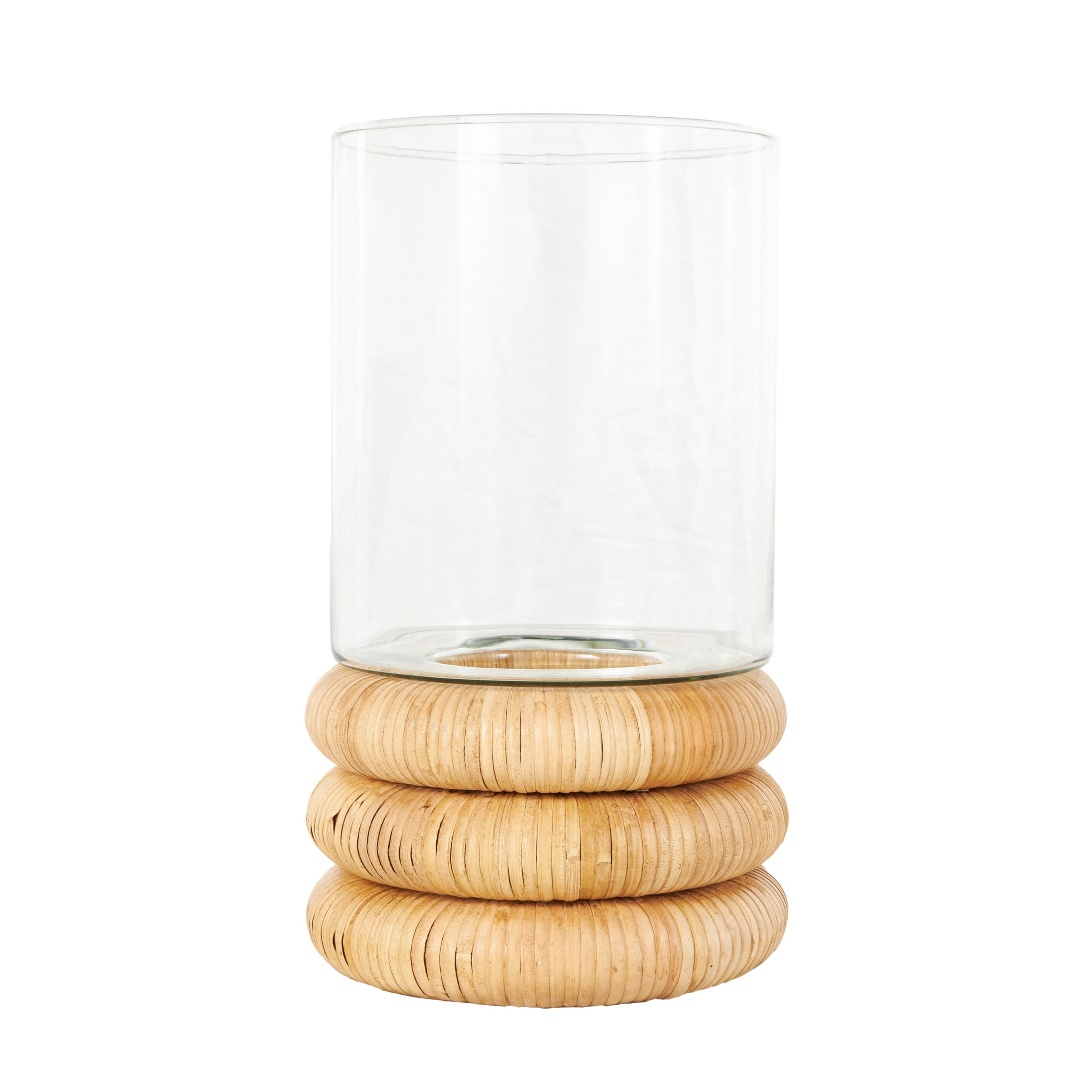 DecMode Glass Round Hurricane Lamp with Light Brown Woven Base