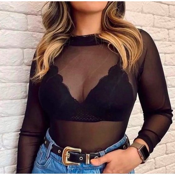 Body Tul Transparente Manga Larga Estampado Bori Cuadros - Cebra - Onca Animal Print Deng Xun unisex