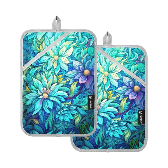 ALAZA Bohomia Flowers Blue Pot Holders Set of 2 Heat Resistant Kitchen Oven Mitts