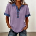thumbnail image 2 of Womens Denim Patchwork Office Shirts Collared Buttons Decor Summer Tops Splicing V Neck Casual T-Shirt Light Purple M, 2 of 5