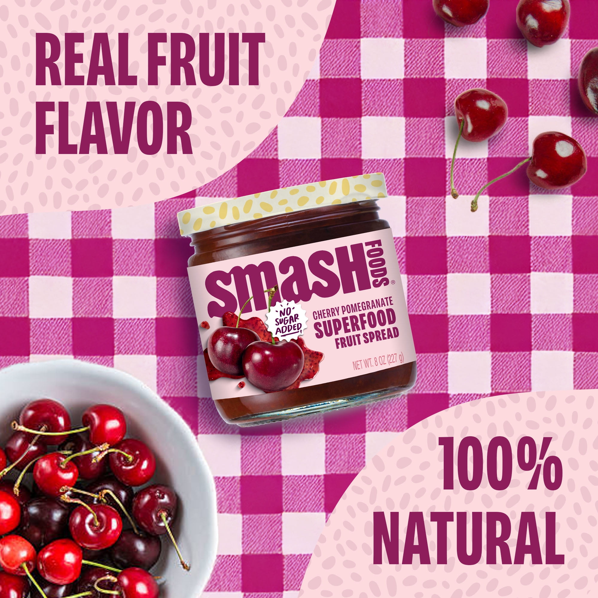 Smash Foods Cherry Pomegranate Jam, No Sugar Added, Low-Calorie, Vegan (6 Jars)
