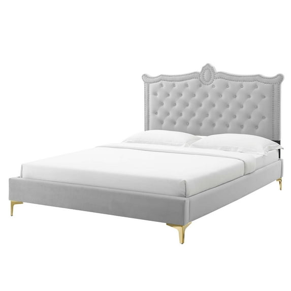 Platform Bed Frame, Nailhead, Queen Size, Grey Gray, Velvet, Modern Contemporary, Bedroom Master Guest Suite Room