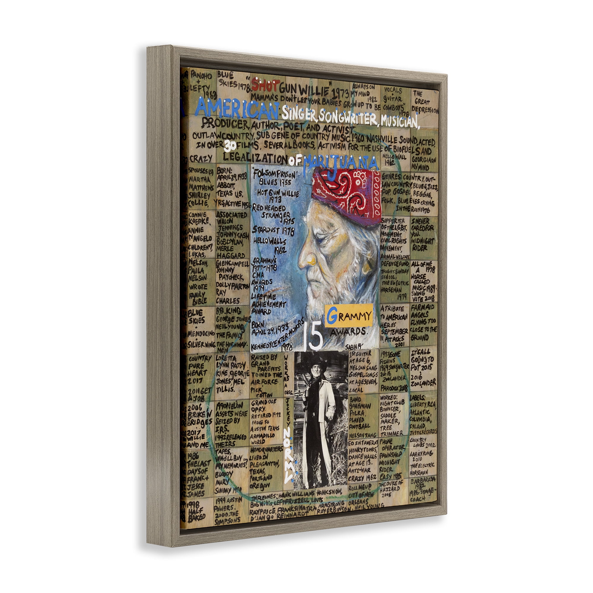 Stupell Industries Willie Nelson Collage People Drawing Brown Floater Framed Canvas Art Print Wall Art, 17 x 21
