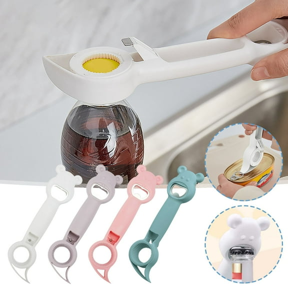 4-in-1 Manual Jar Opener | Bear Motif Multi Lid Remover for Bottles, Cans, Screw Lids | Ergonomic Stainless Steel Grip | 2pc Set | 7.9 in for Kitchen, Seniors, Arthritis