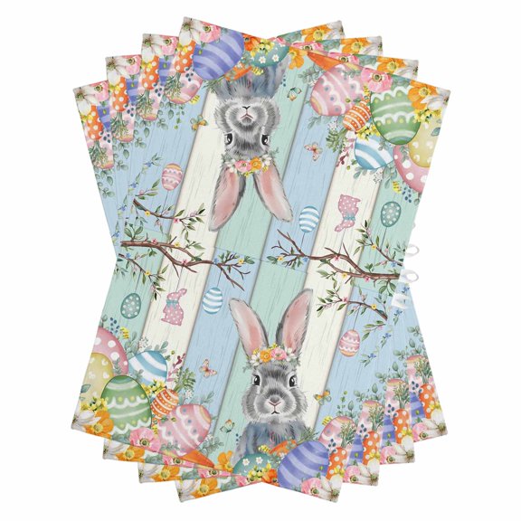 Happy Easter Kitchen Towels Set of 4, Water Absorbent Dish Towel, Spring Bunny Colorful Eggs Wooden Grain Decorative Hand Towels - Quick Drying Cloth for Cooking Baking, 18x28 Inch