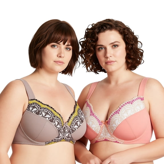 Curve Muse Plus Size Minimizer Underwire Bra With Lace Embroidery-2 Pack-BROWN,PEACH AMBER-34C