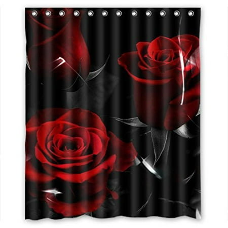 Red Shower Curtain Set GreenDecor Glam Fire Red Rose And Black Leaves Waterproof Shower Curtain Set with Hooks Bathroom Accessories Size 60x72 inches ()
