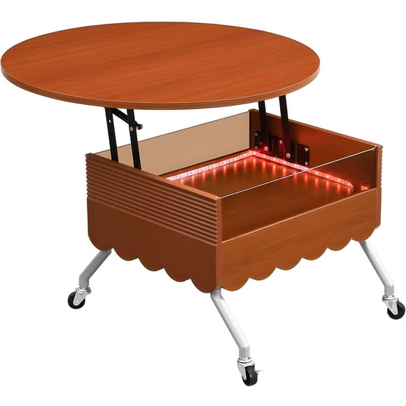 Toytexx Toytexx 27.6-Inch Round Lift-Top Coffee Table with LED, Hidden Storage and Wheels, Modern Wooden Table with Metal Frame for Living Room, Brown