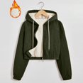 thumbnail image 2 of Women'S Fashion Cropped Shacket Drawstring Hooded Zip Up Corduroy Jackets Casual Plaid Long Sleeve Short Jackets Coat, 2 of 7