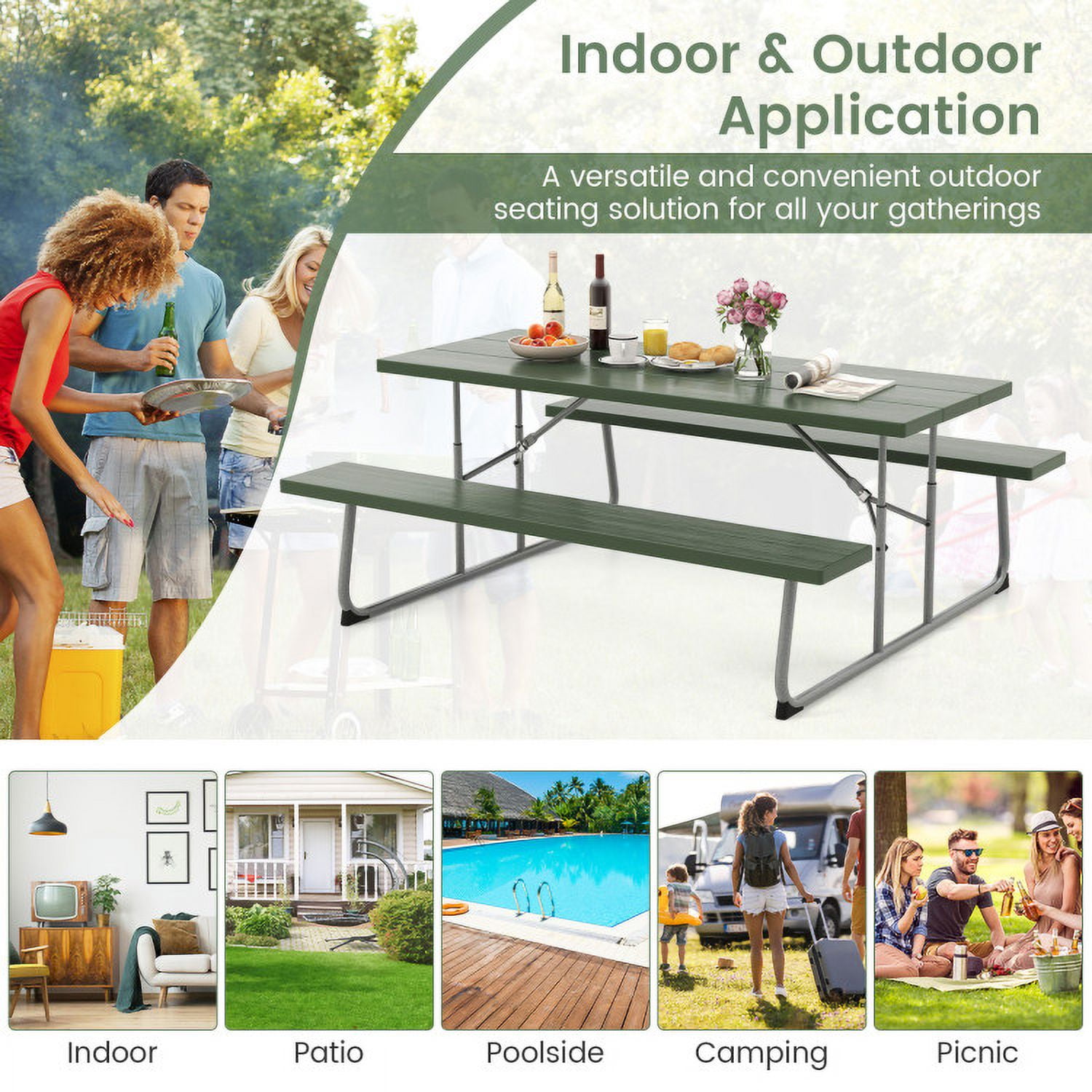 Aimee Lii Folding Picnic Table Set with Metal Frame and All-Weather HDPE Tabletop Umbrella Hole, Outdoor Patio Furniture, Green