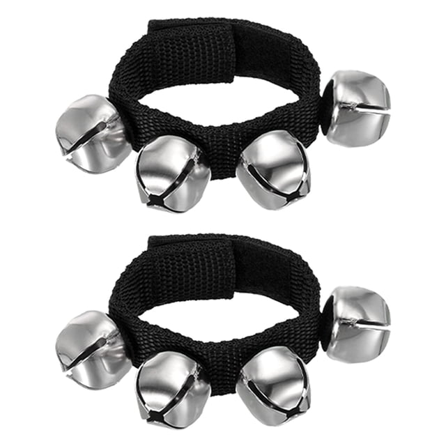 Unique Bargains 2 Pcs Cloches de Poignet, Cloches de Jingle Cloches de Cheville Instruments de Percussion Groupe de Rythme Musical 4 Cloches Argentées, Noir Foncé