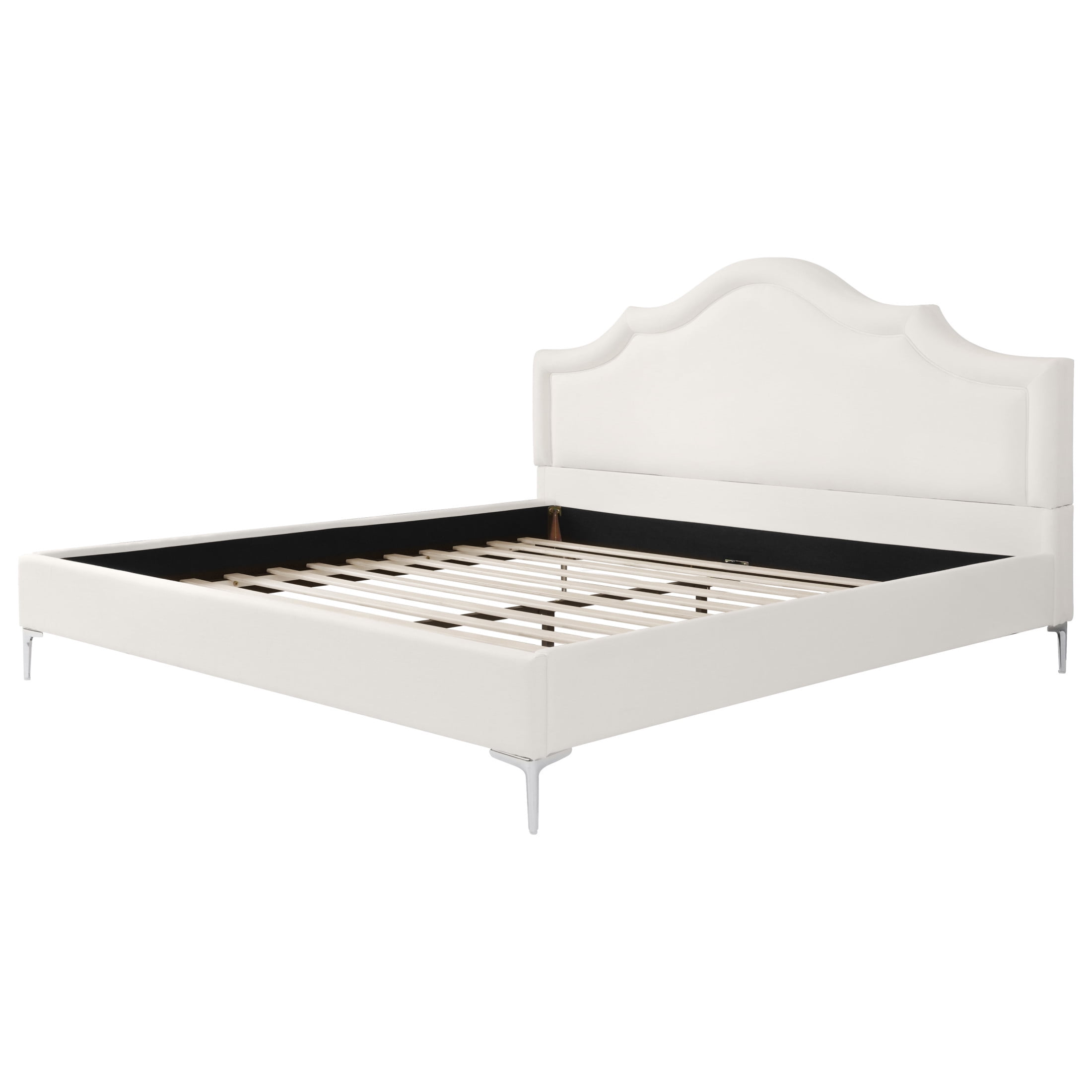 Christopher Knight Home California King Upholstered Platform Bed with Curved Thick Padded Headboard, Iron Legs, Off White