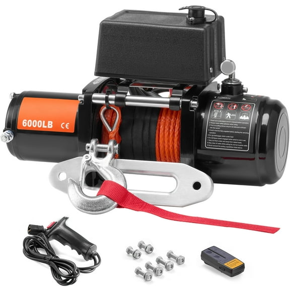 SKYSHALO Electric Winch, 6000 lb Capacity, 12V DC for Trucks with 1/4 in x 55 ft Synthetic Rope, Aluminum Fairlead, Dual Remote Control Options, IP55 Water Resistance, Ideal for SUV, Truck