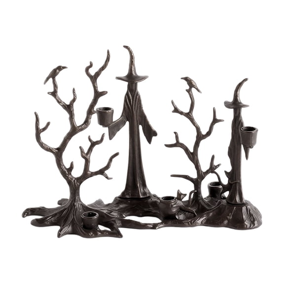QLUEWX Halloween Witch Candle Holder, Resin Spooky Bare Tree Crow Black Cat Taper Candlestick, Gothic Witch Figurine Candelabra for Mantel Tabletop Fall Halloween Home Christmas Decor