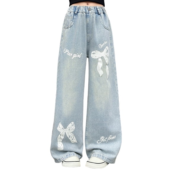 JLMSPLWG Bootcut Denim Jeans for Girls Wide Leg Jean with Print Teen Girls Cute High Waist Pants Streetwear Tween Girls Gradient Color Denim Jeans Toddler Girl Clothes