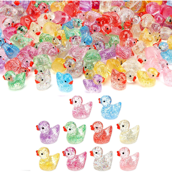 TAETOE 240 Pcs Glitter Mini Resin Ducks, Colorful Tiny Small Plastic Ducks Figures to Hide Little Resin Animals Bulk for Miniature Landscape Aquarium Potted Dollhouse Fairy Garden Accessories