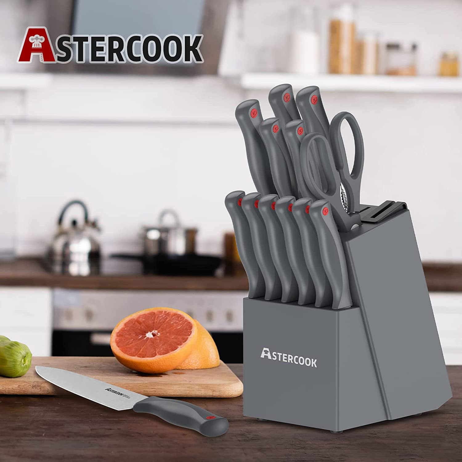 Astercook Complete Knife Set 15 Pieces Kitchen Knife Set with Block  A60.K15016P
