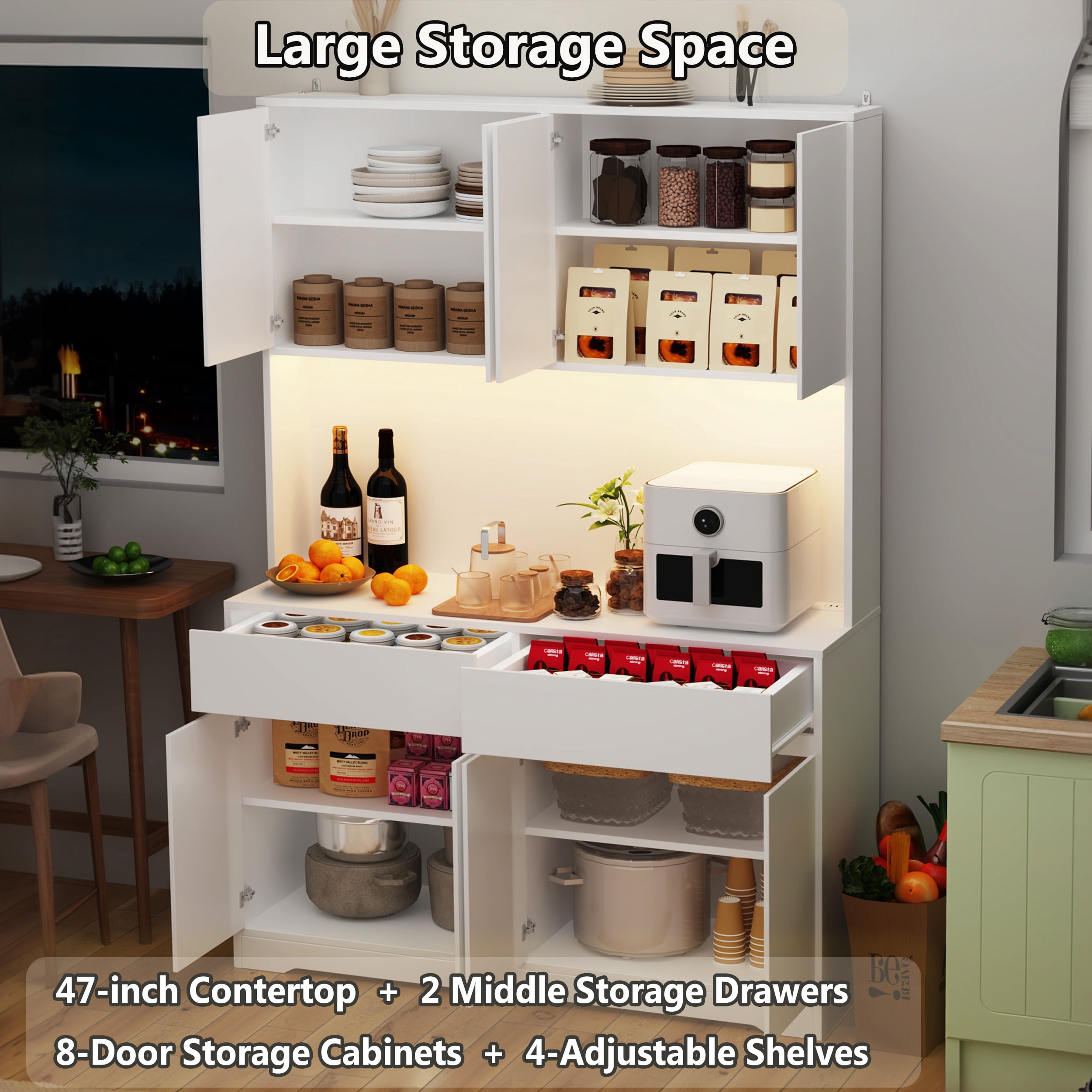 71'' Tall Coffee Bar Cabinet with LED Light & Power Charging Station, 47"W Modern Kitchen Pantry Hutch w/ 8-Door Storage Cabinet & 2 Drawers 4 Adjustable Shelves