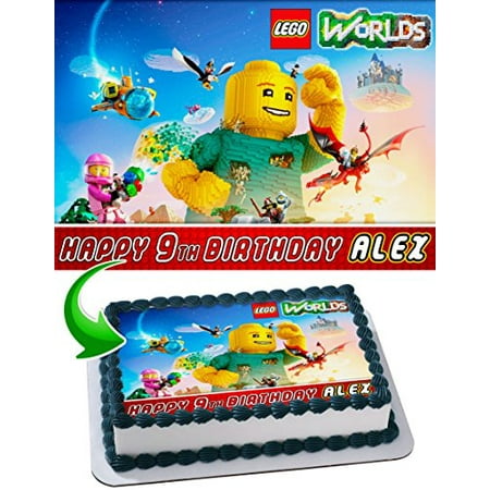 Logo Cake Decoration - Lego Worlds Edible Cake Topper Personalized Birthday 1/4 Sheet Decoration Custom Sheet Party Birthday Sugar Frosting Transfer Fondant Image for cake