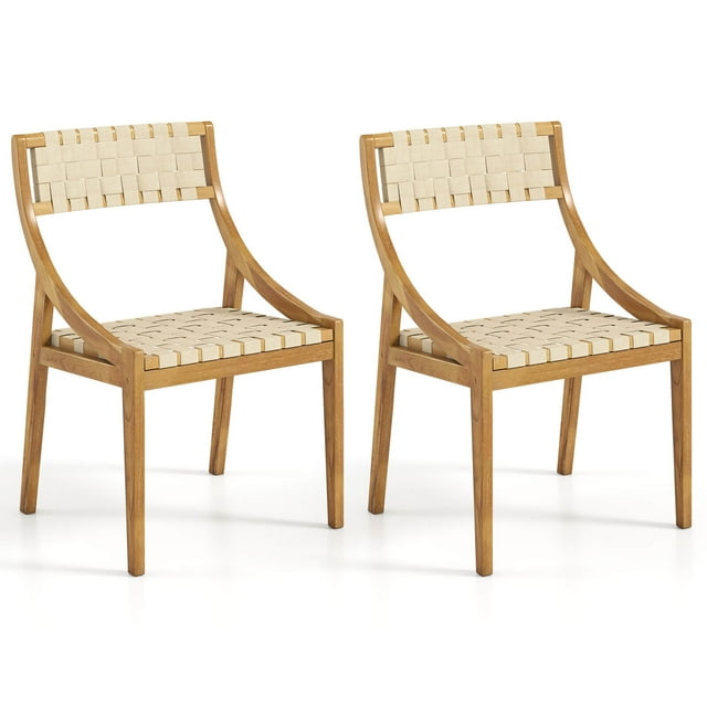 Costway 2 PCS Outdoor Dining Chair Teak Wood Armless Patio Chair with Webbing Seat & Backrest