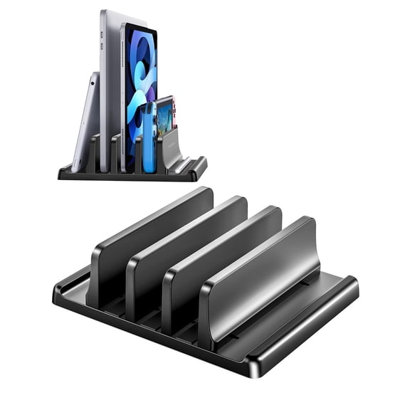 3-Slot Vertical Laptop Stand Organizer, Laptop Storage Holder Made of Premium ABS Plastics 5 in 1 Design,Desktop Space-Saving Adjustable Desk Organizer for All MacBook/Chromebook/Surface