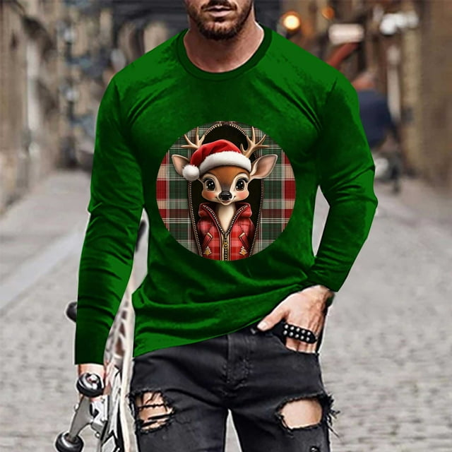 Blusas y camisas de manga larga y cuello redondo para hombre, informales, con estampado navideño, deportivas, de poliéster.