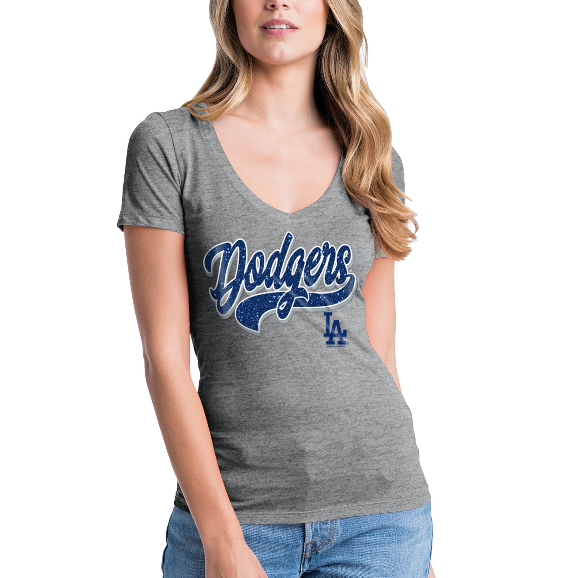 Women's New Era Heathered Gray Los Angeles Dodgers Glitter Logo V-Neck T-Shirt - Walmart.com 