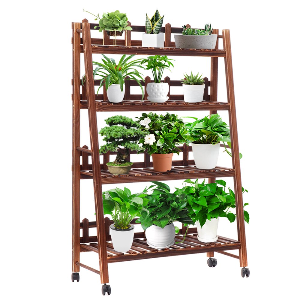 AUGIENB 4Layer Wooden Flower Stand Rolling Plant Display