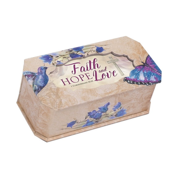 Faith Hope And Love Butterfly and Bird Glitter Musical Box Plays Tune How Great Thou Art