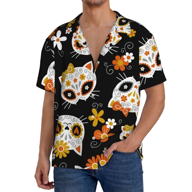 Fotbe Cat Skulls and Flowers Camisa Estampada de Manga Corta para Hombre, Casual de Verano, Estilo Playero, Sin Arrugas-3X-Large