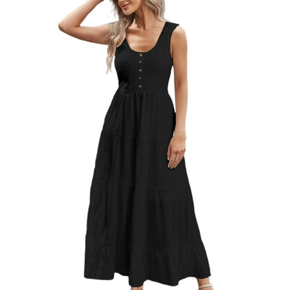 OSOLU Women Casual Dress U Neck Sleeveless Solid Color Detail Everyday Basic Summer Dresses Leisure Sundress Wedding Guest Dresses For Women