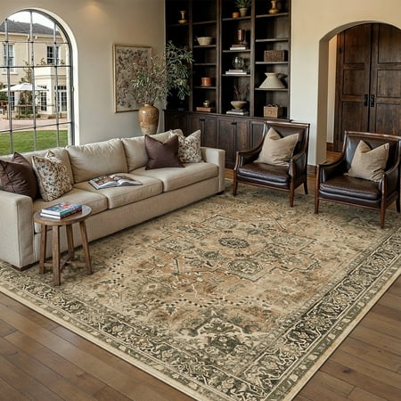 BERTHMEER 8 x10  Area Rugs for Living Room Dining Room Bedroom Farmhouse Office Medallion Distressed Vintage Washable Traditional Non-slip Brown Carpets