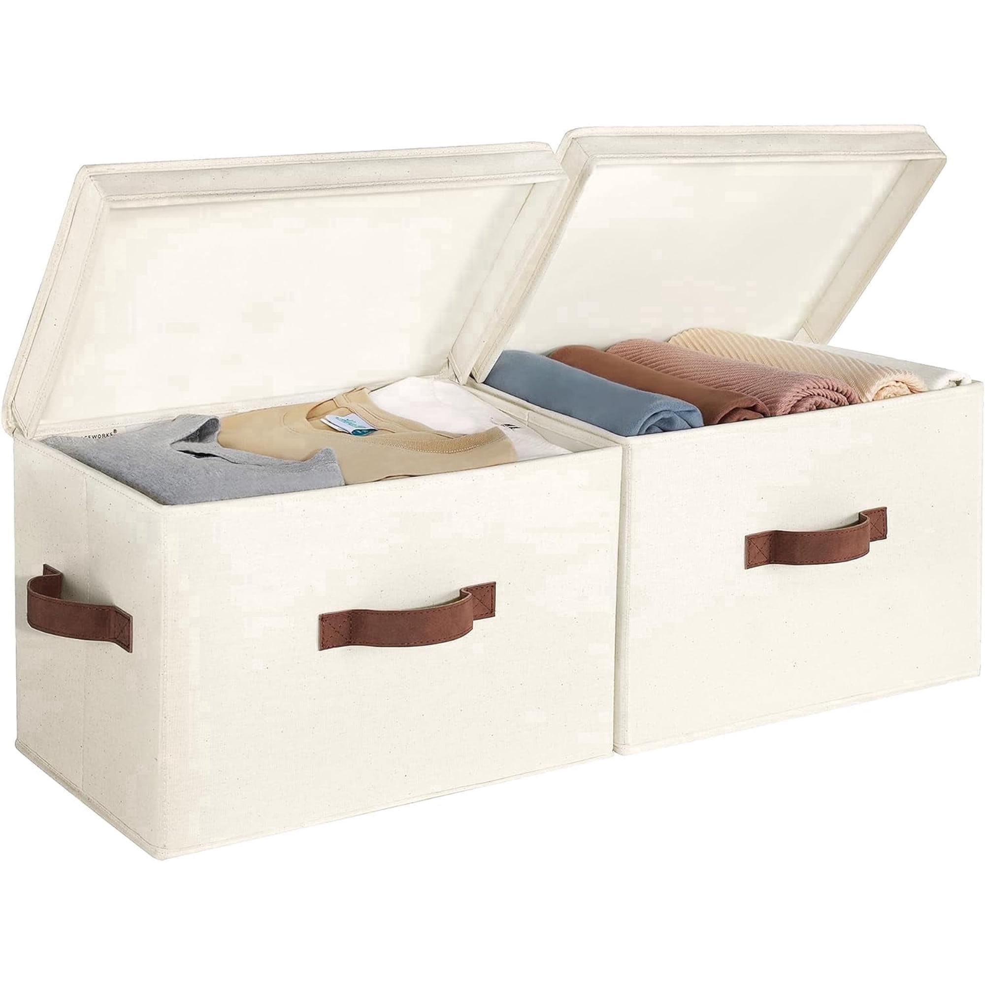 StorageWorks Fabric Storage Bins with Lid, Stackable Closet Organizer Basket with Handles, Large, 2-Pack, Ivory White