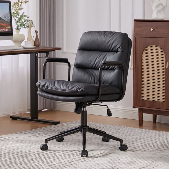 S-HOME Ergonomic Mid Back Office Chair in Black PU Leather with Wheels and Padded Armrests for Home Desk Use