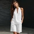 thumbnail image 4 of Women's 2 Piece Short Sets Linen Sleeve V Neck Halter Matching Short Suit Summer Casual Oversized Outfits, 4 of 6
