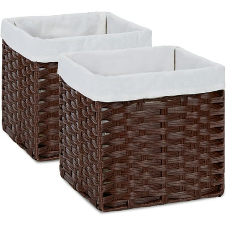 Wicker Storage Baskets with Liners 11x11 Storage Cube Bins for Organizing Imitation Rattan Woven Baskets 2-Pack Woven Storage Baskets with Handles for Pantry-Reddish Brown