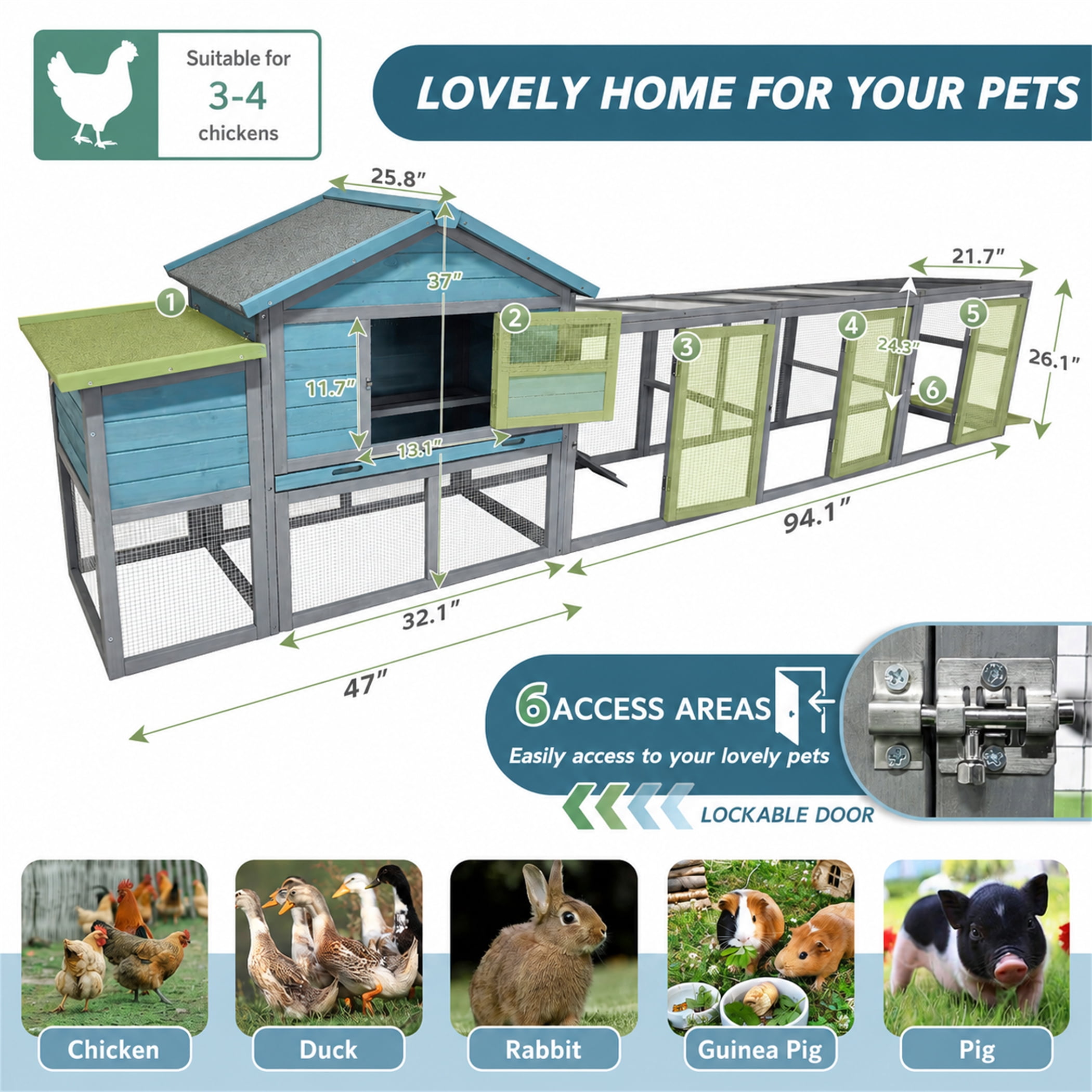 Aukfa 141" Extra Long Chicken Coop Wooden 2 Tier Chicken Run Cage with Nesting Boxes, UV Panel, Free-range Door for Outdoor, Backyard, Blue Gray