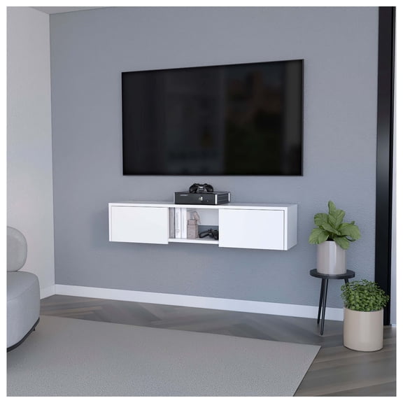 White 2-Door Floating TV Stand, Modern Wall-Mounted Entertainment Cabinet for 40-49 Inch TVs