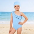 thumbnail image 1 of Girls Solid Color Swimsuit Set with Matching Swim Cap Comfortable Bathing Suit UPF Sun, 1 of 3