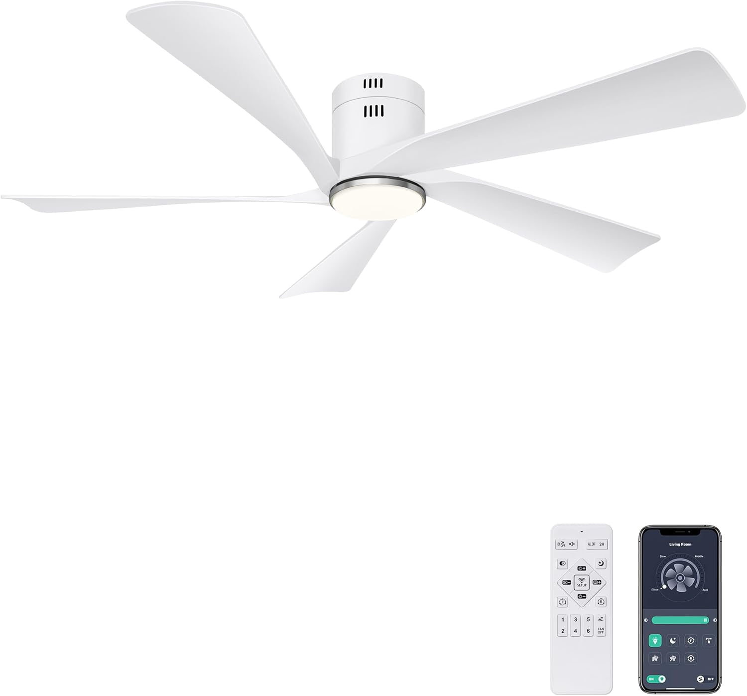 Ohniyou 52" Flush Mount Ceiling Fan with Lights and Remote Farmhouse Indoor Outdoor Ceiling Fans for Patio Living Room, White