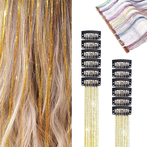 6pcs Hair Tinsel With Clips, Champagne Hair Tinsel Clips, Tinsels Hair Extensions Clip In Champagne,Approximately 20 Inch Glitter Tinsels Hair Extensions, Fairy Hairs Kit,  (6pcs Gold,,kkl)