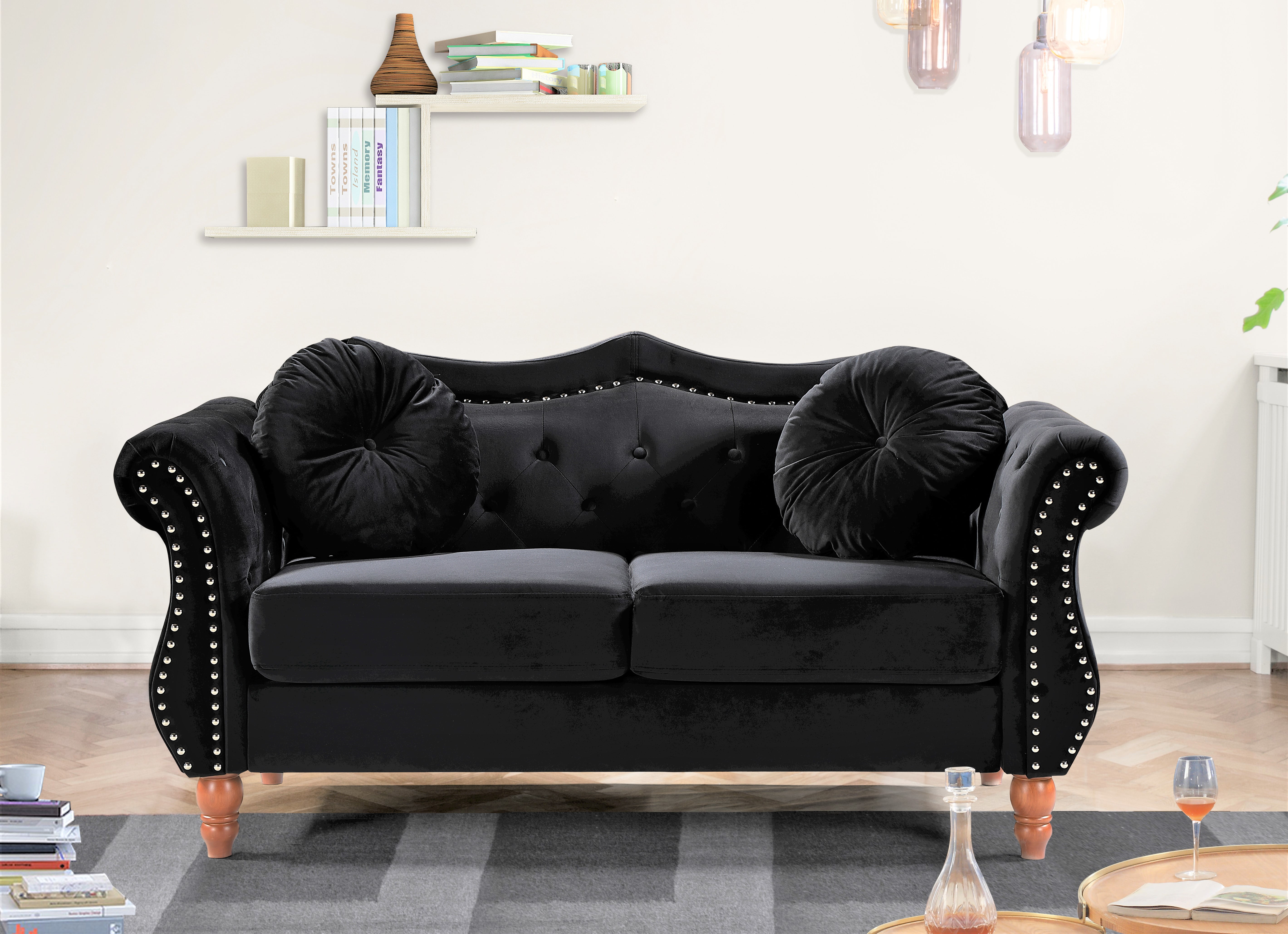 Uspridefurniture Wymore 2 Piece Velvet Living Room Set, Loveseat Sofa, Black
