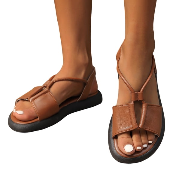 HTHLVMD Women's T-Strap Slingback Sandals, Leather Flat Shoes, Neutral Sandals for Women Women's Casual Side Hollow Belt Buckle Flat Roman Shoes Summer Fashion Ladies Sandals, Brown 5