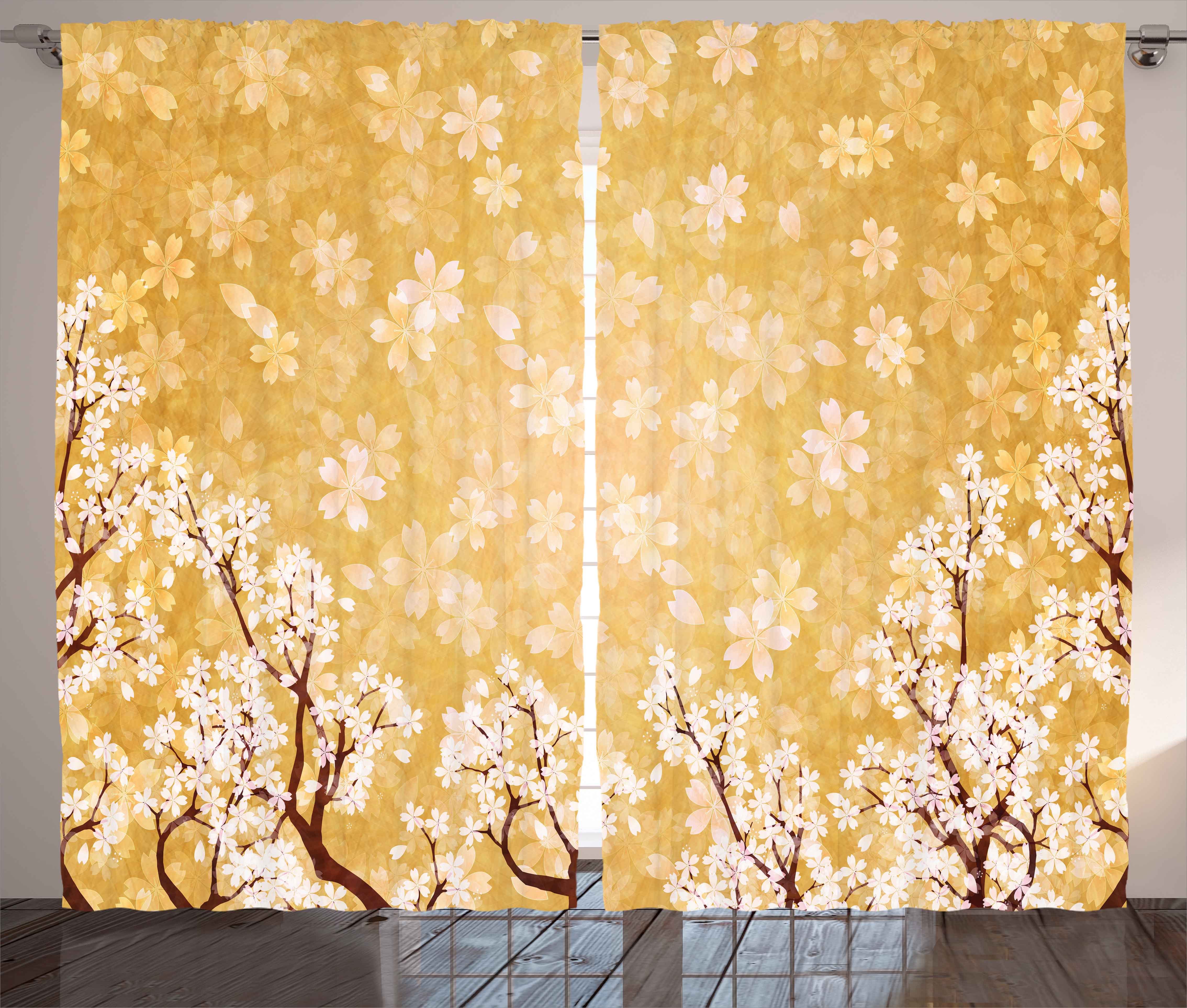 Floral Curtains 2 Panels Set Trees Blossoms Buds Flowers Of