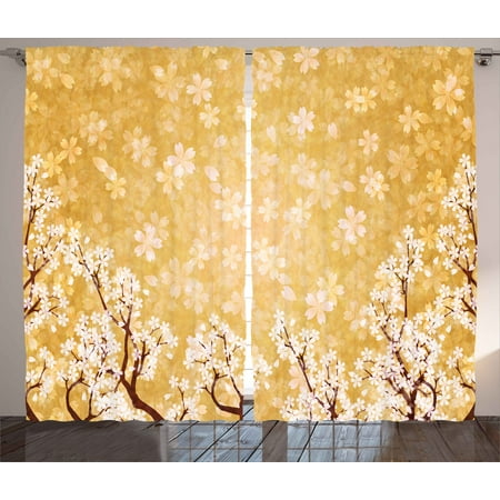 Floral Curtains 2 Panels Set Trees Blossoms Buds Flowers Of