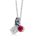 thumbnail image 2 of 925 Silver and 10K Yellow Gold Green Mystic Topaz and Lab Grown Diamond and Created Ruby Pendant Necklace for Women | 2.55 Cttw | Pear Shape 8X6MM | Oval 7X5MM | Round 5MM | with 18 inch Chain, 2 of 4
