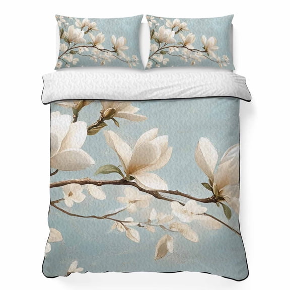 White Magnolia 3 Piece Quilt Bedding Set with 2 Pillow Shams, Plant Flowers Lightweight Bedspread Coverlet, Soft Breathable All Season Quilt, 68 x 86 Inch
