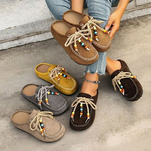 Hurxie Women Fashion Beaded Comfortable Round Toe Soft Sole Slip On Flat Clog Loafers Casual Daily Work Walking Shoes Brown 36