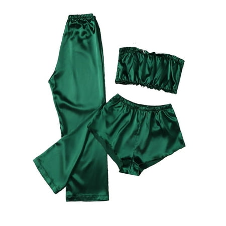 

3pcs Elegant Solid Straps Pant Sets Sleeveless Green Womens Pajama Sets (Women s)