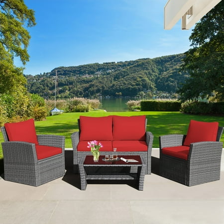 Gymax 4 Pieces Patio Rattan Conversation Set Outdoor Furniture Set with Red Cushions